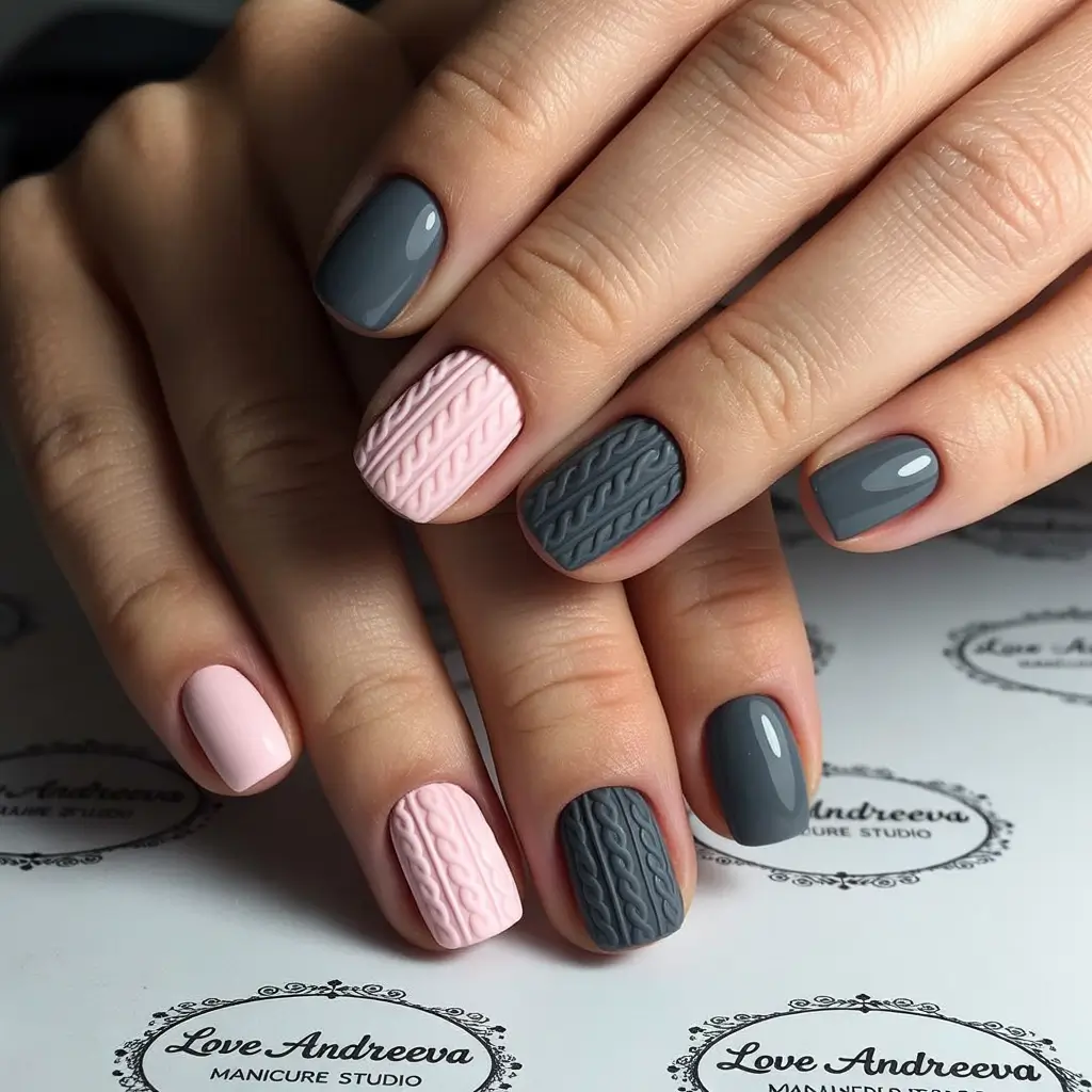 Fall Sweater Nails 2025 Dusty Rose and Charcoal Contrast