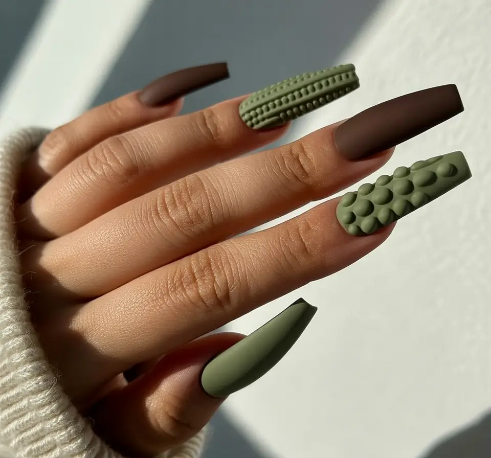 Fall Sweater Nails 2025 Earthy Green and Brown Textured Sweater Nails