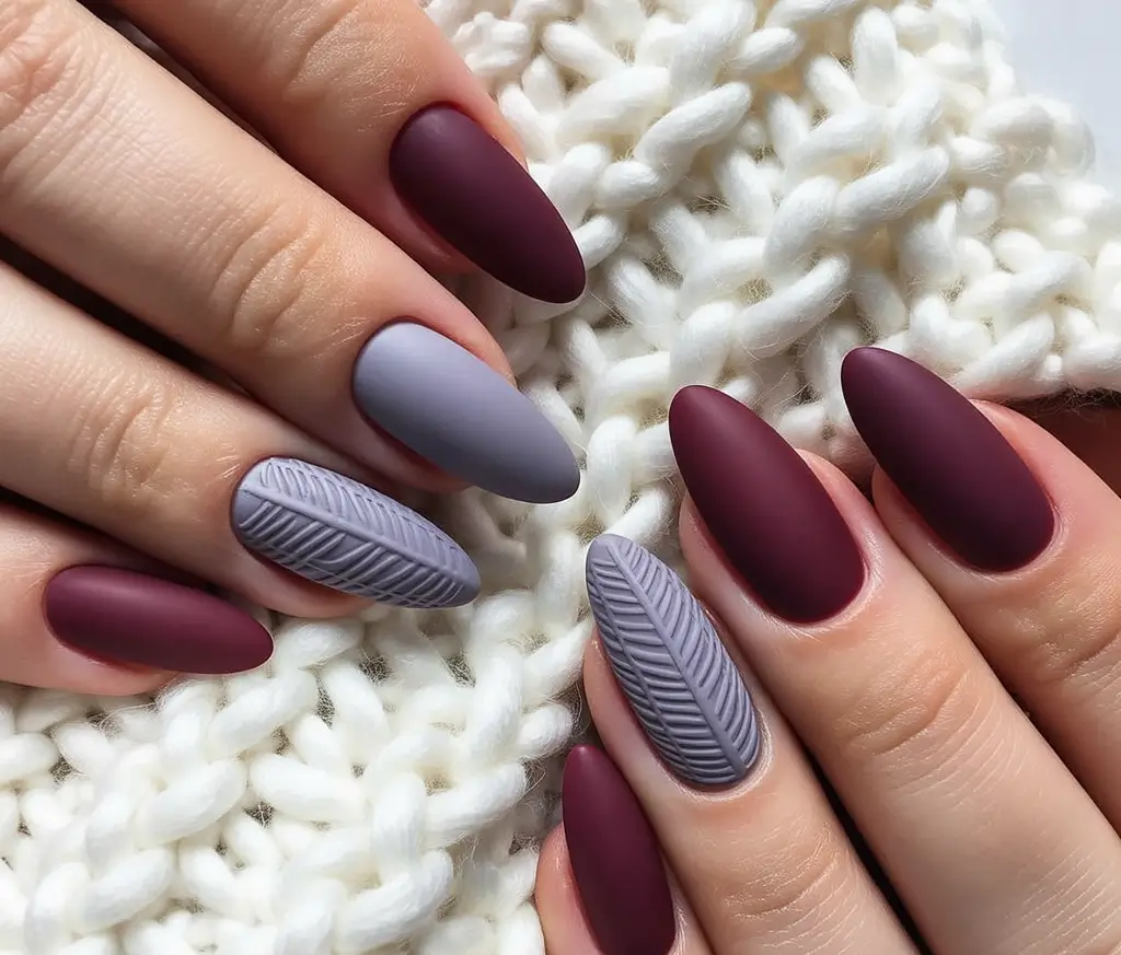 Fall Sweater Nails 2025 Burgundy and Gray Almond Sweater Nails