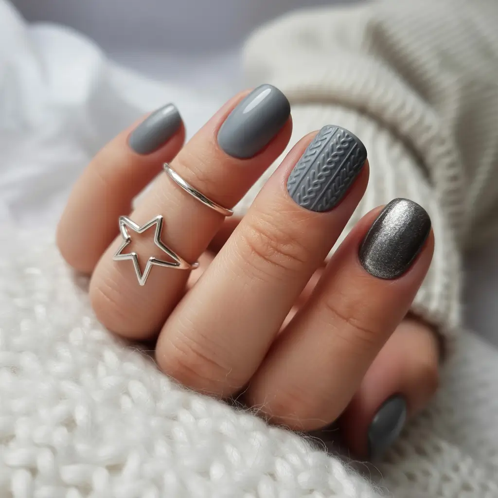 Fall Sweater Nails 2025 Minimal Gray Sweater-Inspired Short Nails