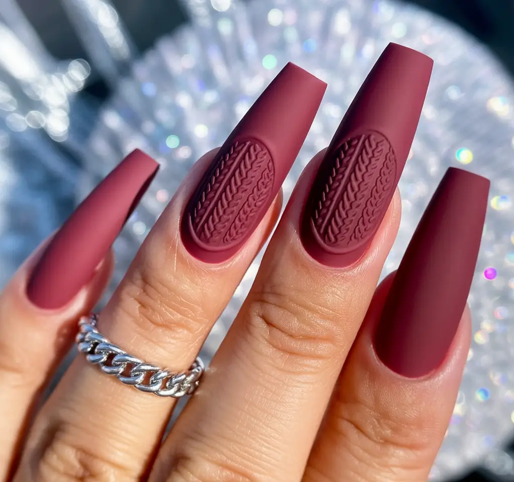 Fall Sweater Nails 2025 Burgundy Square Sweater Nails