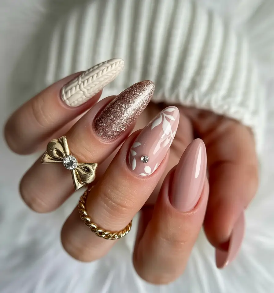 Fall Sweater Nails 2025 Elegant Neutral Sweater Nails with Glitter and Art