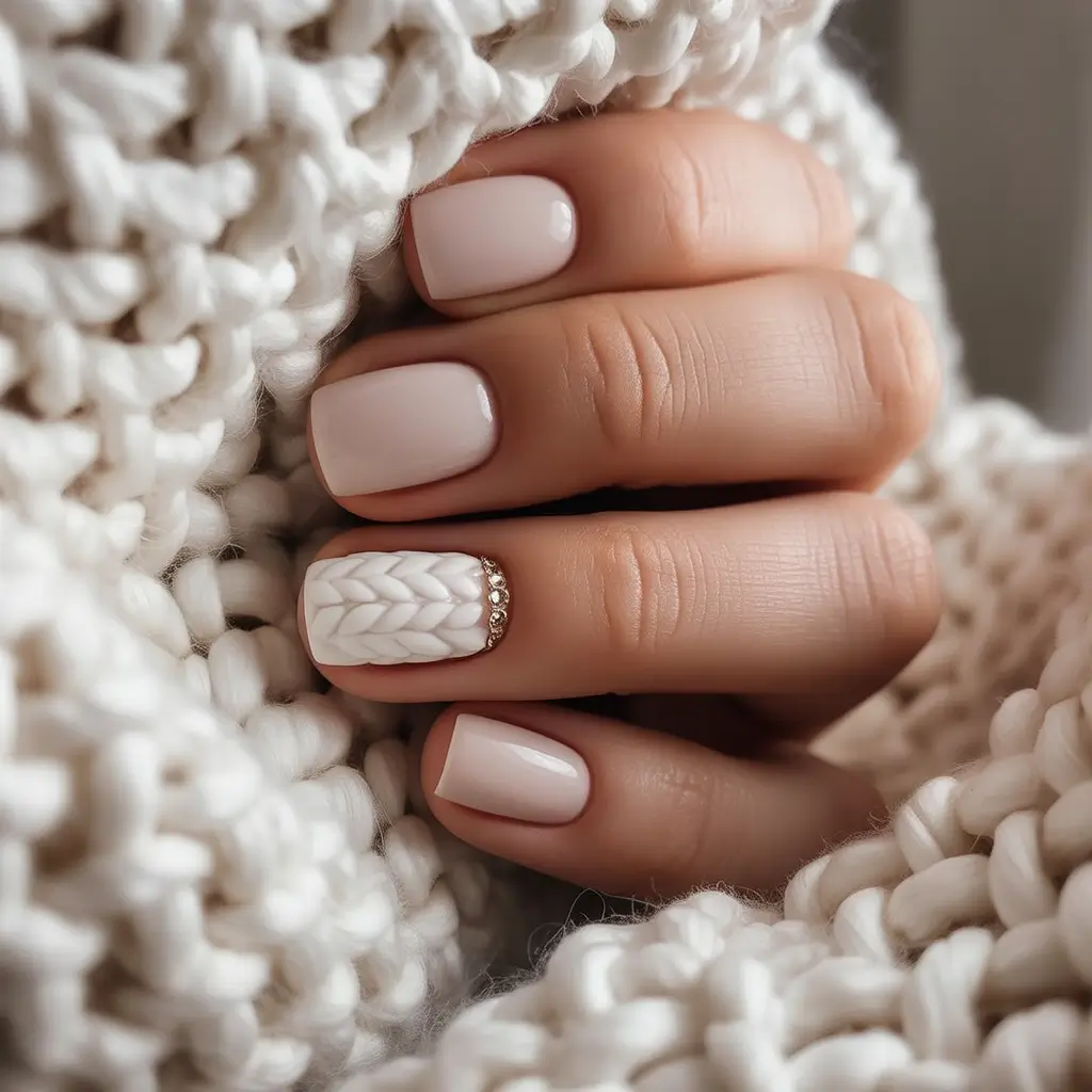 Fall Sweater Nails 2025 Ivory Knit with a Touch of Sparkle