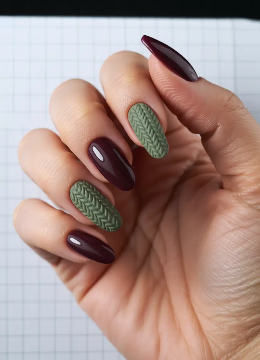 Fall Sweater Nails 2025 Forest Green and Merlot Elegance