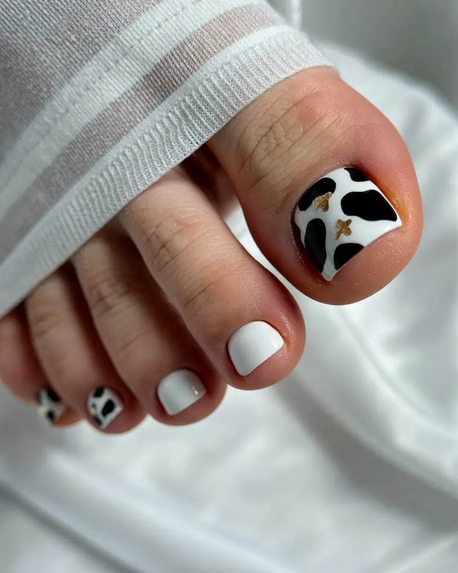Fall Toe Nail Colors 2025 Monochrome Cow-Print with a Touch of Gold