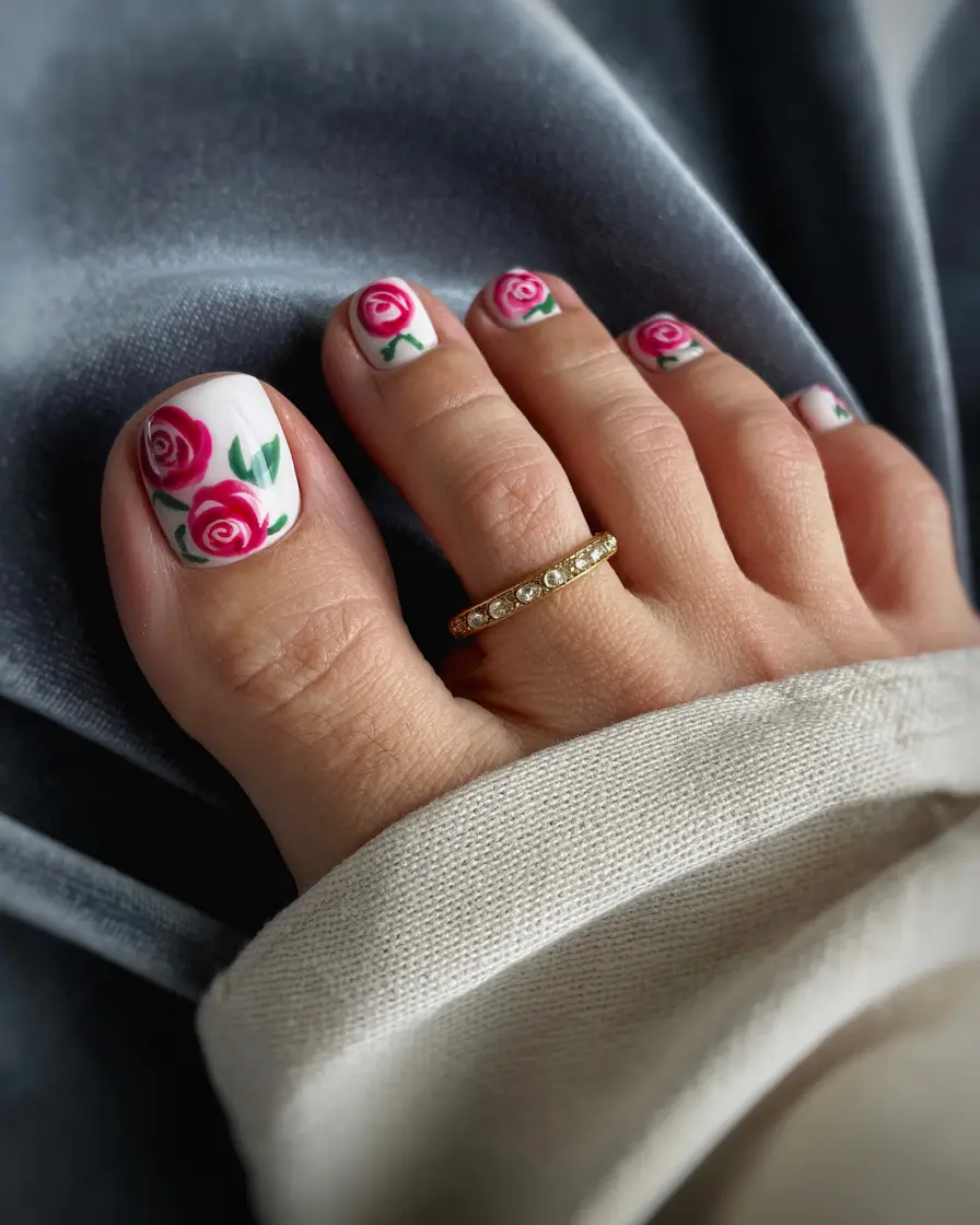 Fall Toe Nail Colors 2025 Classic Rose Blooms on Crisp White