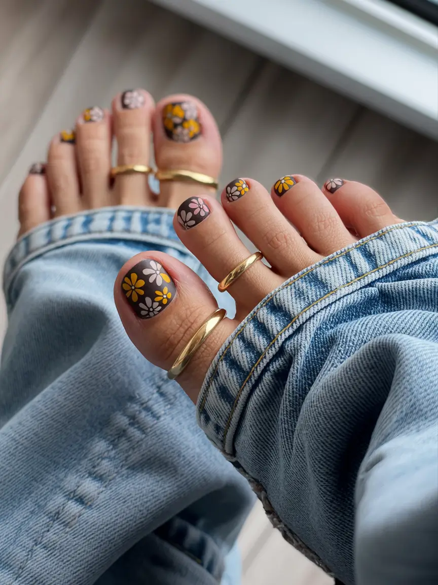 Fall Toe Nail Colors 2025 Matte Cocoa Base with Dainty Daisies