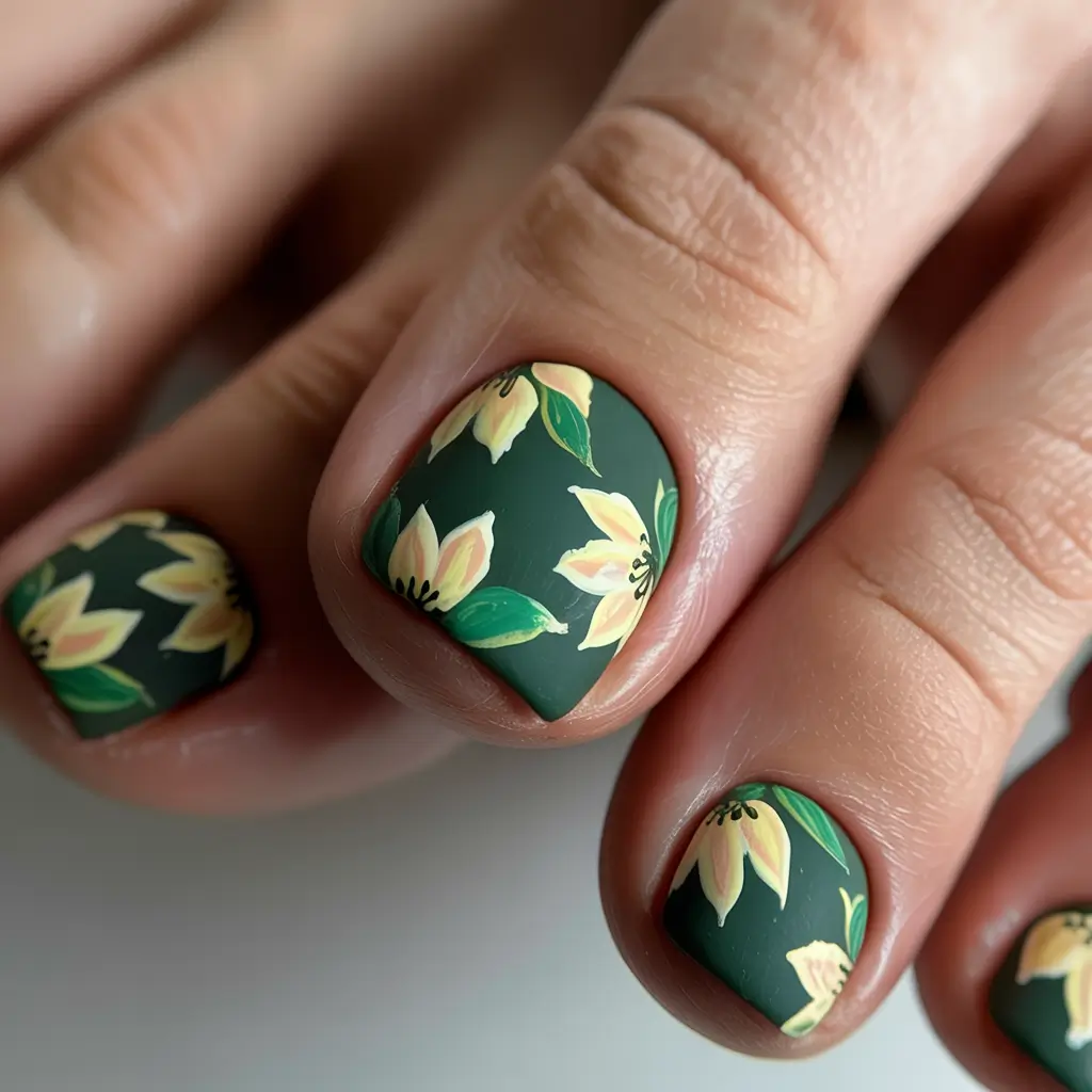 Fall Toe Nail Colors 2025 Muted Green with Soft Yellow Florals