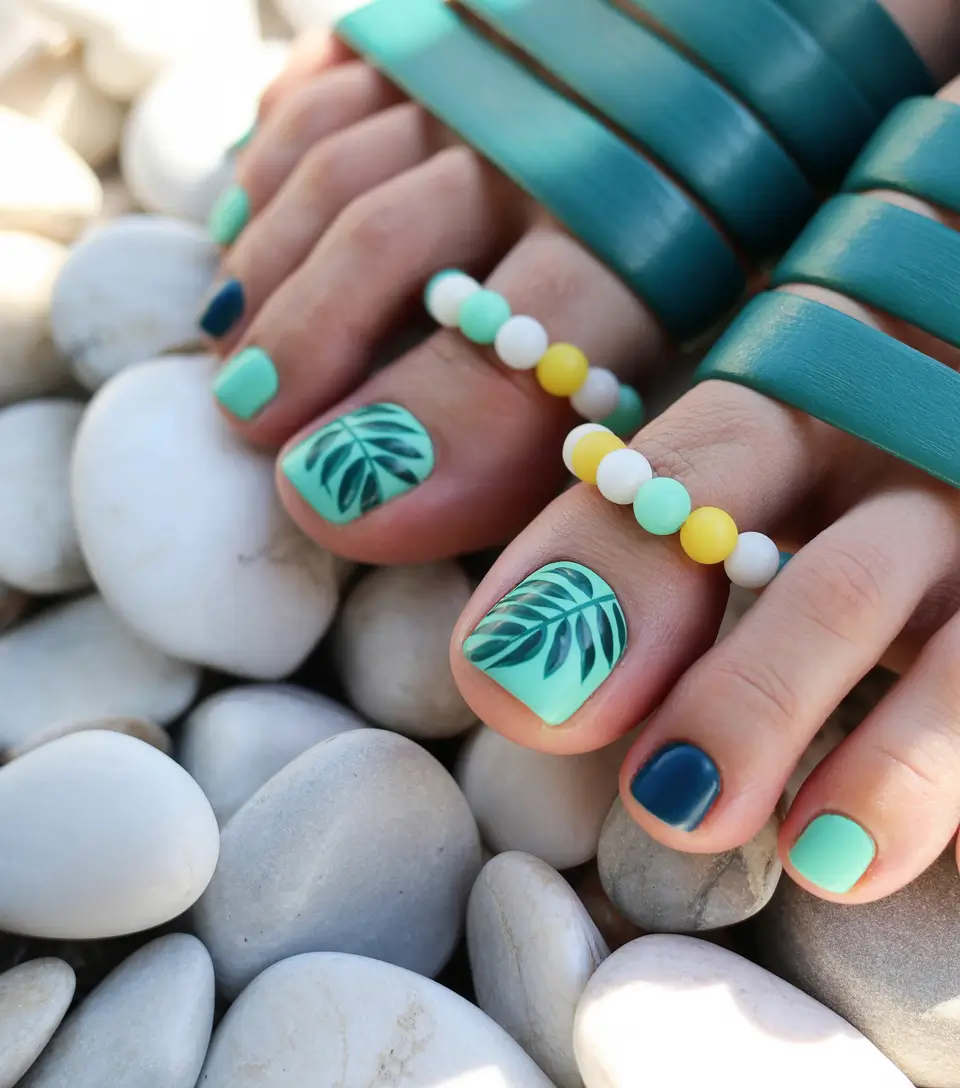 Fall Toe Nail Colors 2025 Gradient Mint and Navy with Tropical Leaf Motif