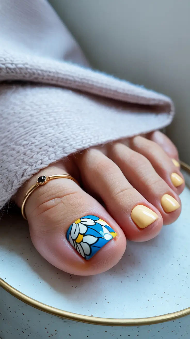 Fall Toe Nail Colors 2025 Retro Floral Pop on Soft Yellow