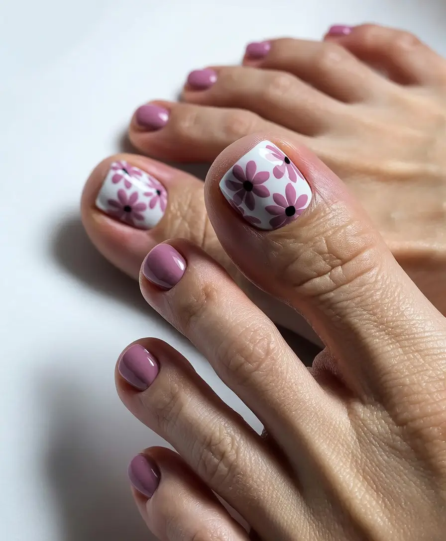 Fall Toe Nail Colors 2025 Soft Mauve with Pink Blossoms
