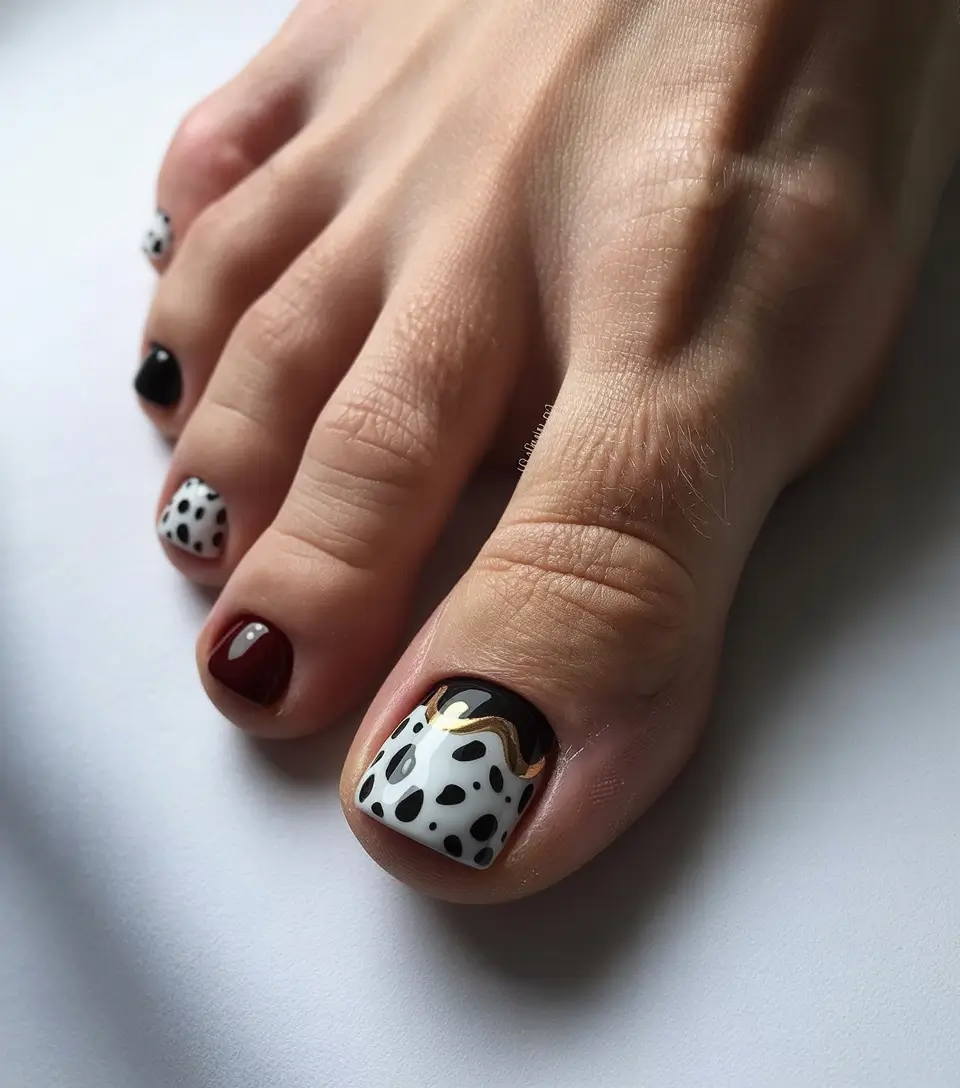 Fall Toe Nail Colors 2025 Dalmatian Spots with Burgundy Accents