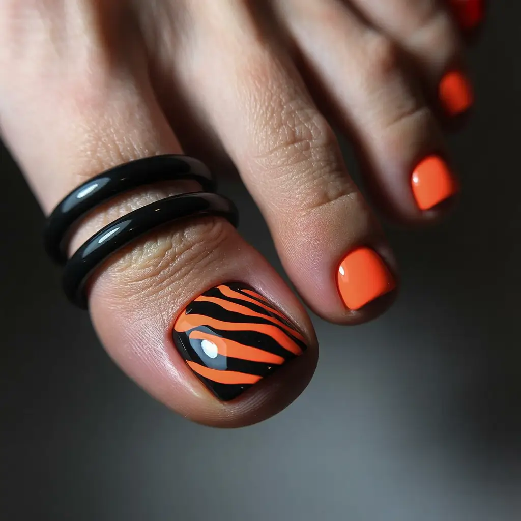 Fall Toe Nail Colors 2025 Vivid Tiger Stripes in Autumn Orange