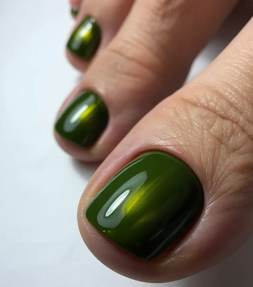 Fall Toe Nail Colors 2025 Deep Forest Green Cat-Eye Glow