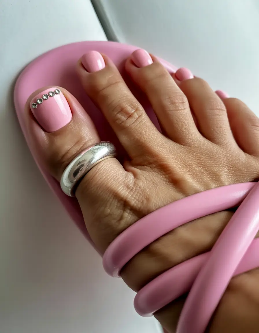 Fall Toe Nail Baby Pink with Studded Charm
