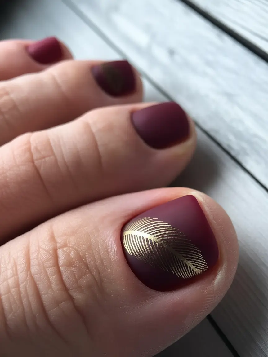 Fall Toe Nail Velvet Merlot with Golden Foil Detail