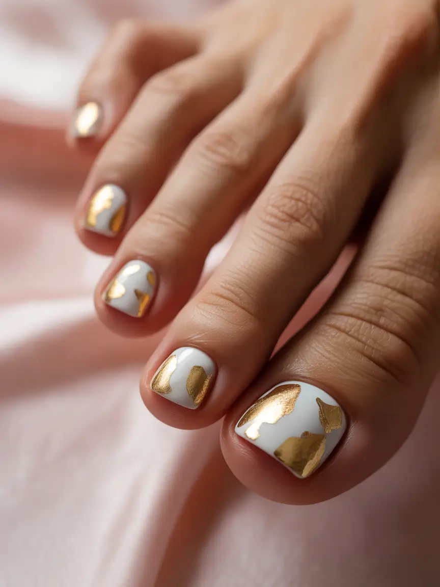 Fall Toe Nail Modern Art Vibes in Gold and White