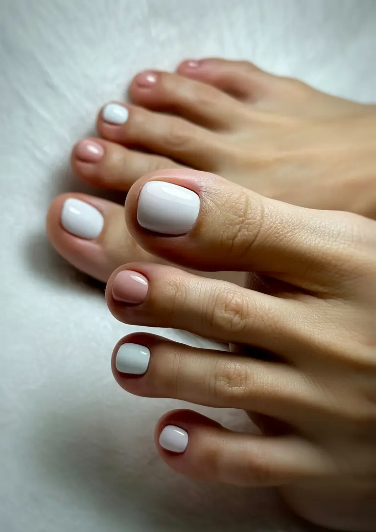Fall Toe Nail Crisp White Contrast with Nude Accents