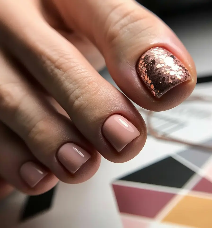 Fall Toe Nail Rosé Glitter Accent on a Blush Base