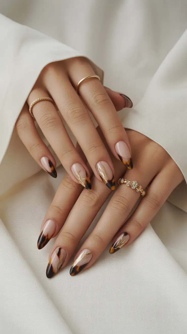 Fall Tortoiseshell Nails 2025 Delicate Leaf Accents on Tortoiseshell French