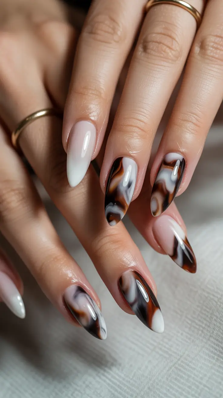 Fall Tortoiseshell Nails 2025 Smoky White and Tortoiseshell Blend