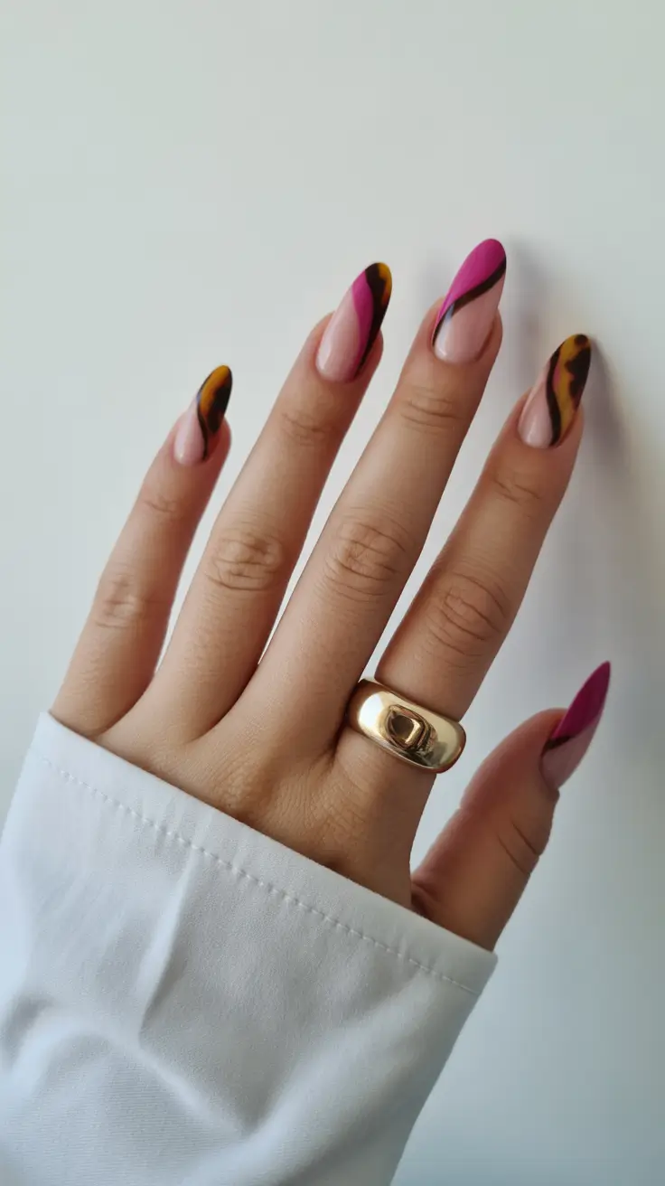 Fall Tortoiseshell Nails 2025 Hot Pink and Tortoiseshell Tips