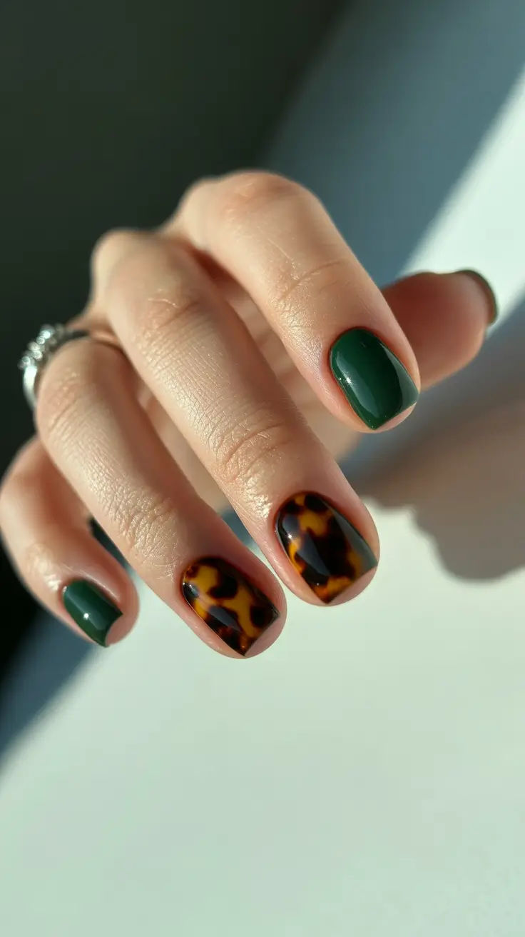 Fall Tortoiseshell Nails 2025 Deep Green with Tortoiseshell Accent