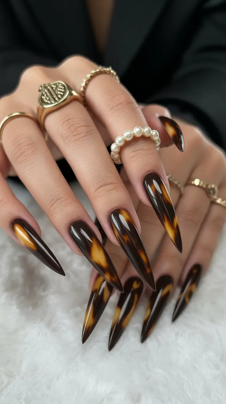 Fall Tortoiseshell Nails 2025 Sharp Stiletto Tortoiseshell Drama