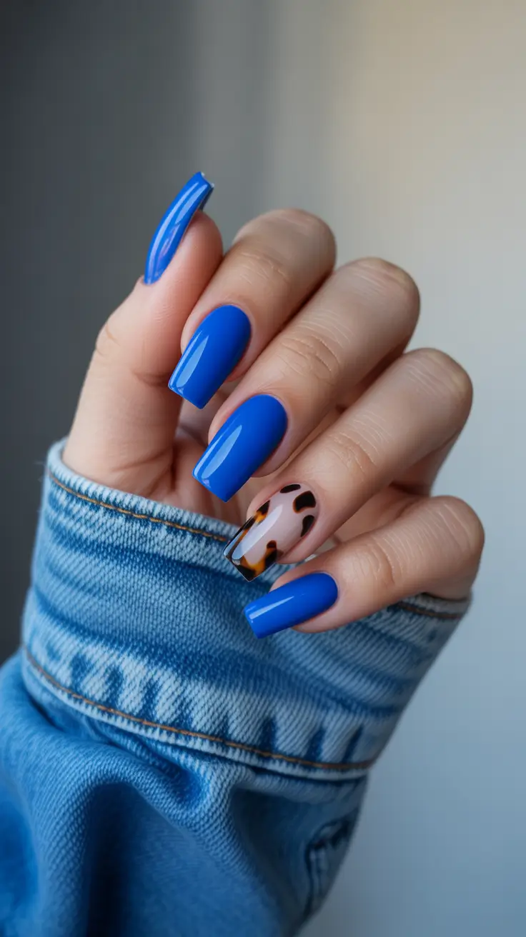 Fall Tortoiseshell Nails 2025 Electric Blue with Tortoiseshell Accent