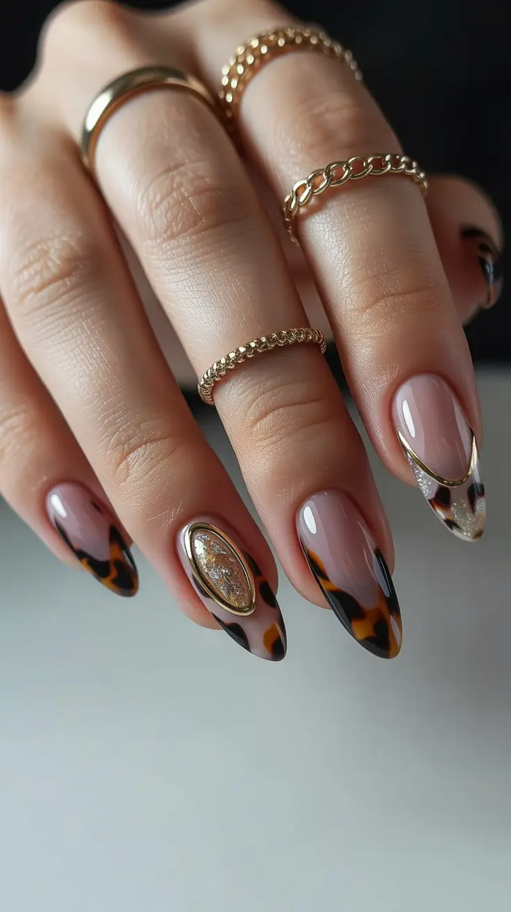 Fall Tortoiseshell Nails 2025 Golden-Tipped Tortoiseshell French