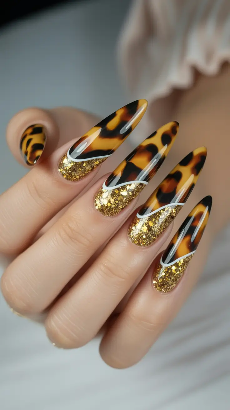 Fall Tortoiseshell Nails 2025 Golden Glitter Tortoiseshell Drama