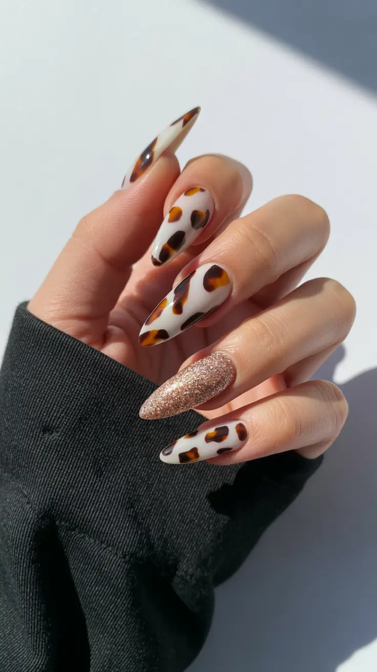 Fall Tortoiseshell Nails 2025 White Base Tortoiseshell with Glitter Accent