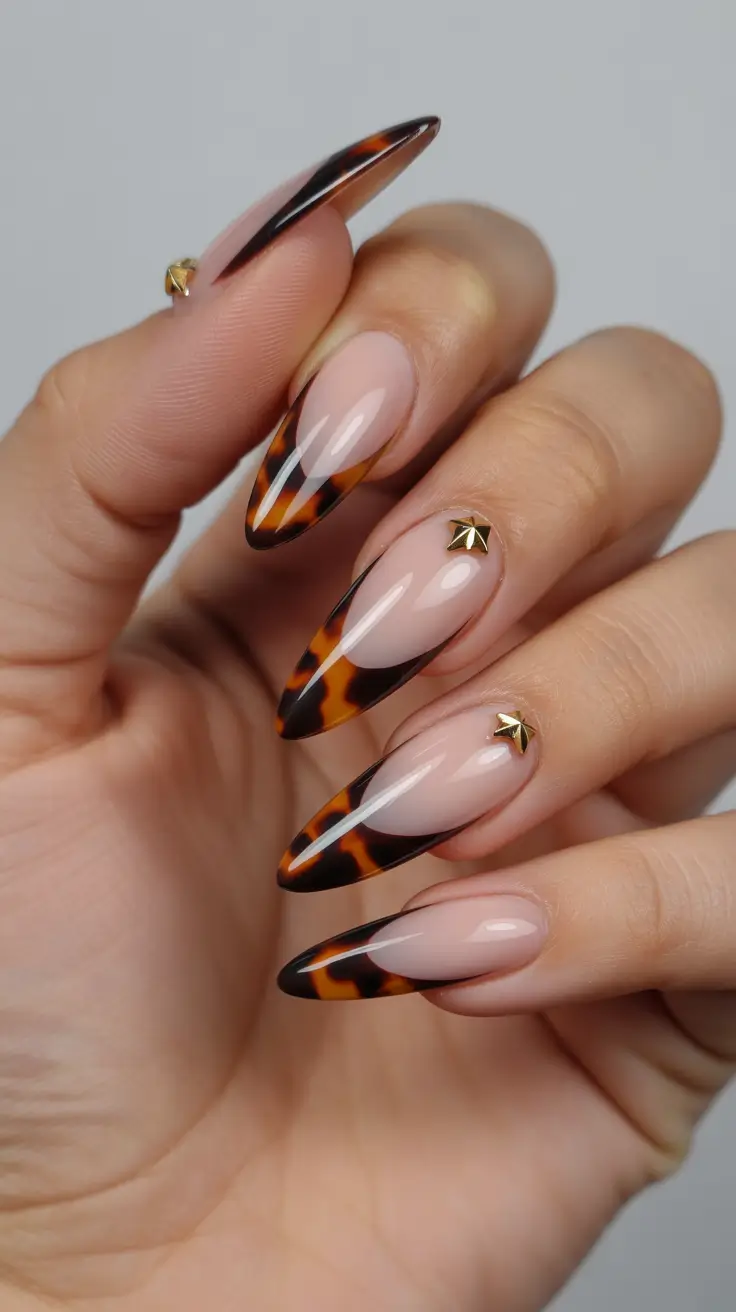 Fall Tortoiseshell Nails 2025 Minimalist Tortoiseshell French with Gold Studs