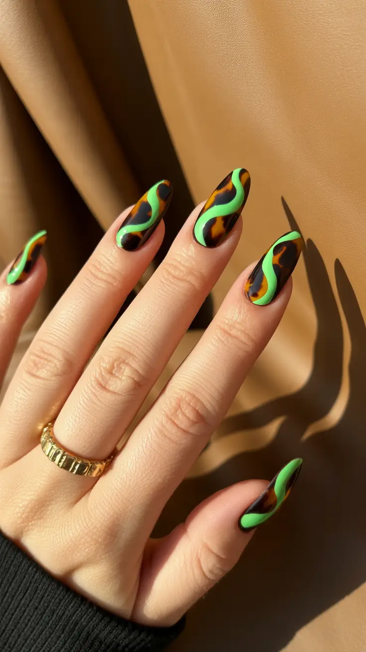 Fall Tortoiseshell Nails 2025 Neon Green Tortoiseshell Waves