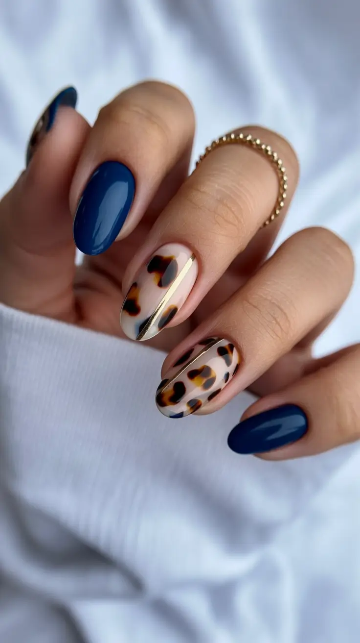 Fall Tortoiseshell Nails 2025 Navy and Tortoiseshell Combo