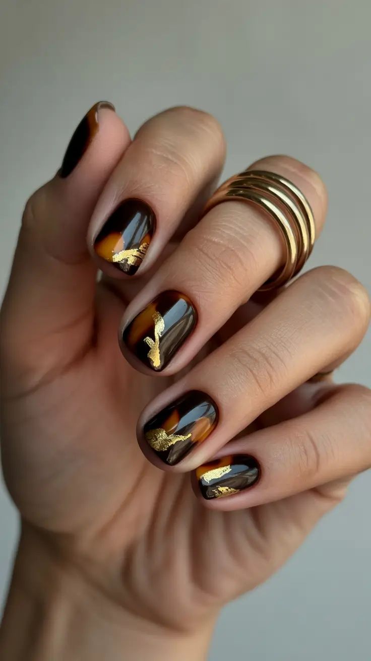 Fall Tortoiseshell Nails 2025 Short and Gilded Tortoiseshell