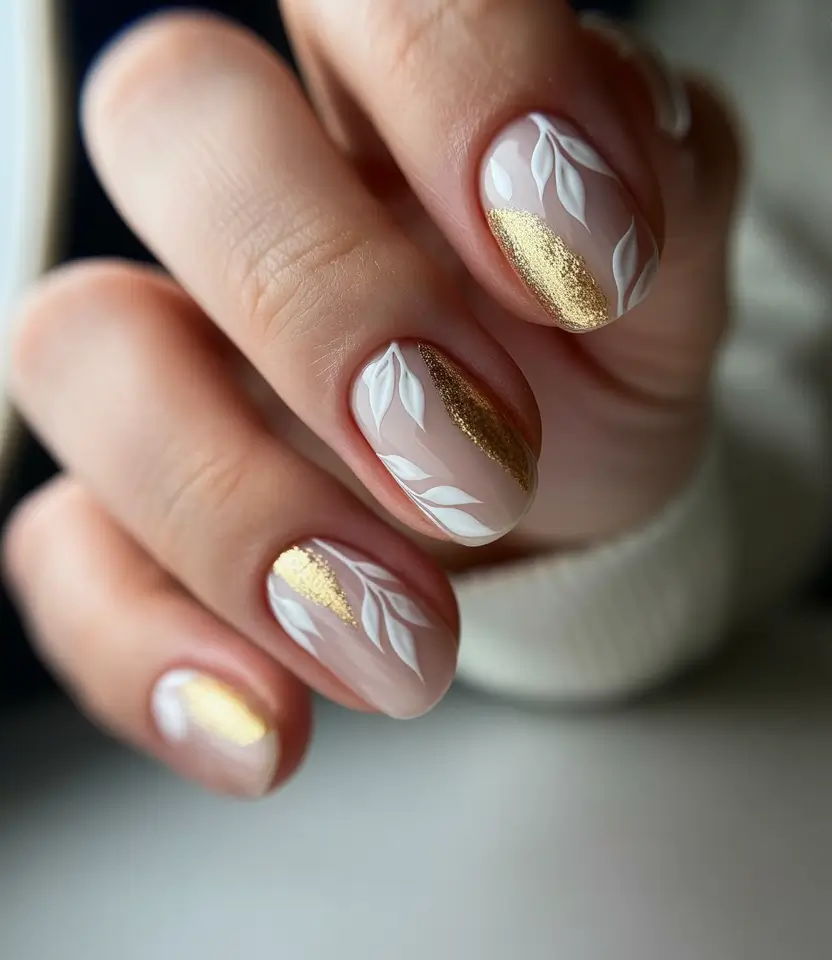 fall wedding nails 2025 Gold-Leaf Whisper with White Botanicals