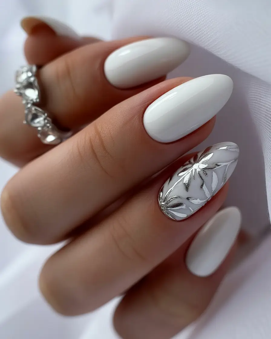 fall wedding nails 2025 White Almond with Silver Florals