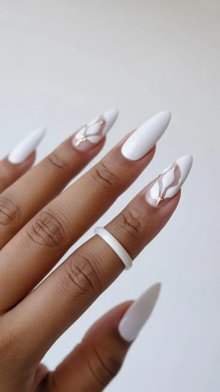 fall wedding nails 2025 Layered Petal Sculptures in White and Gold