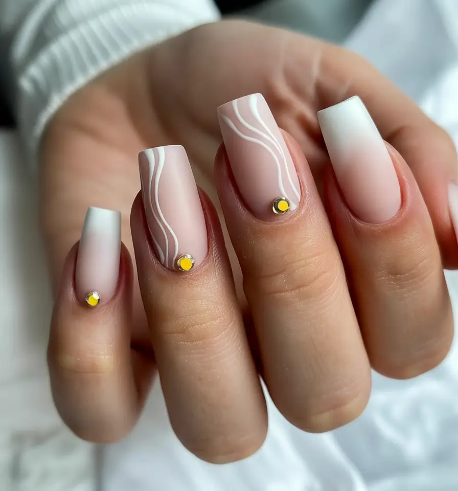 fall wedding nails 2025 Matte Ombré with Crystal & Line Art