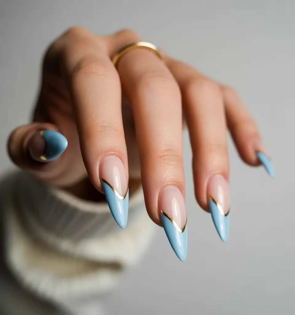 fall wedding nails 2025 Frosty Blue V-Tips with Gold Pinstripes