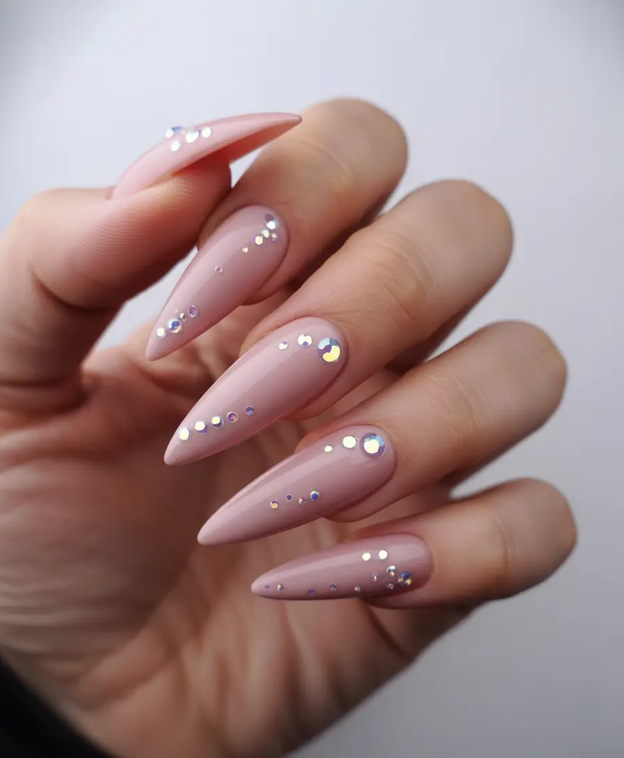 fall wedding nails 2025 Glossy Nude with Floating Rhinestones