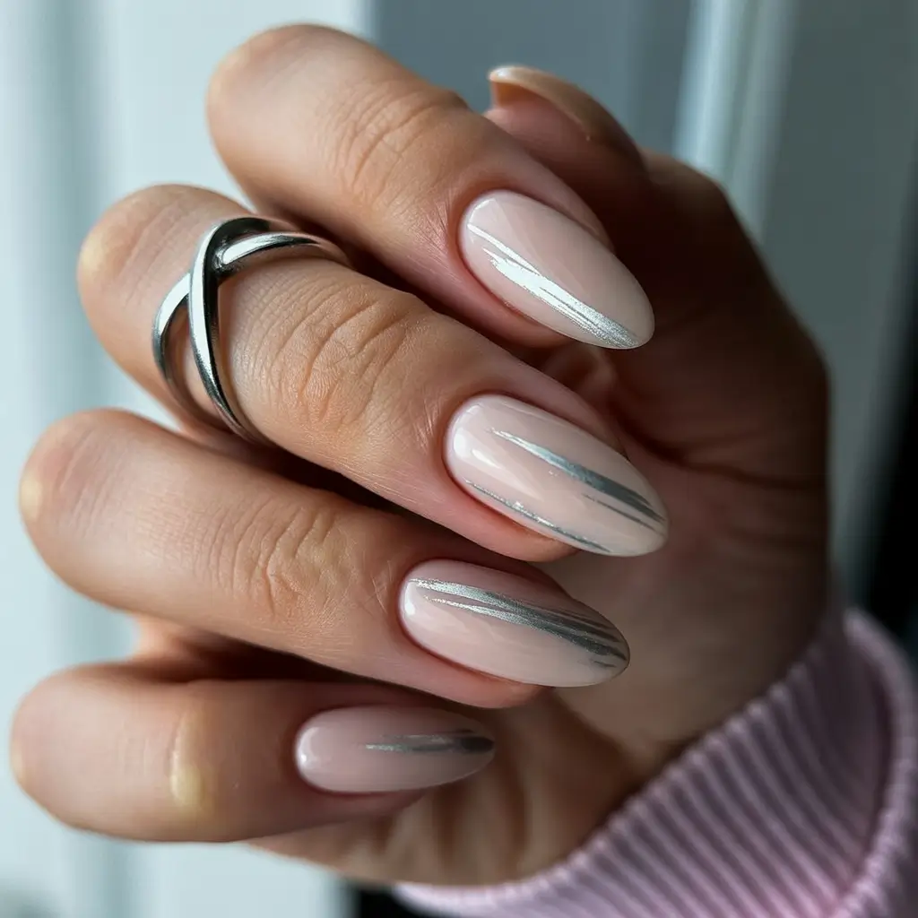 fall wedding nails 2025 Silver Comet Stripes on Sheer Almond