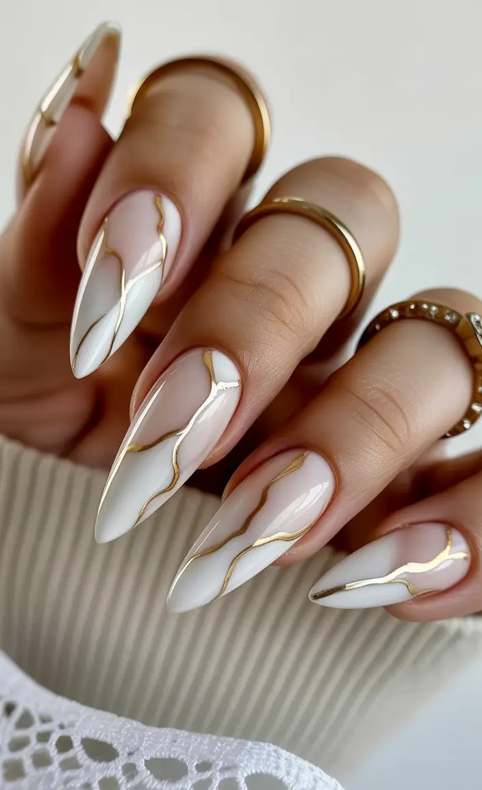 fall wedding nails 2025 Marble Gold Veins on Ivory Stiletto
