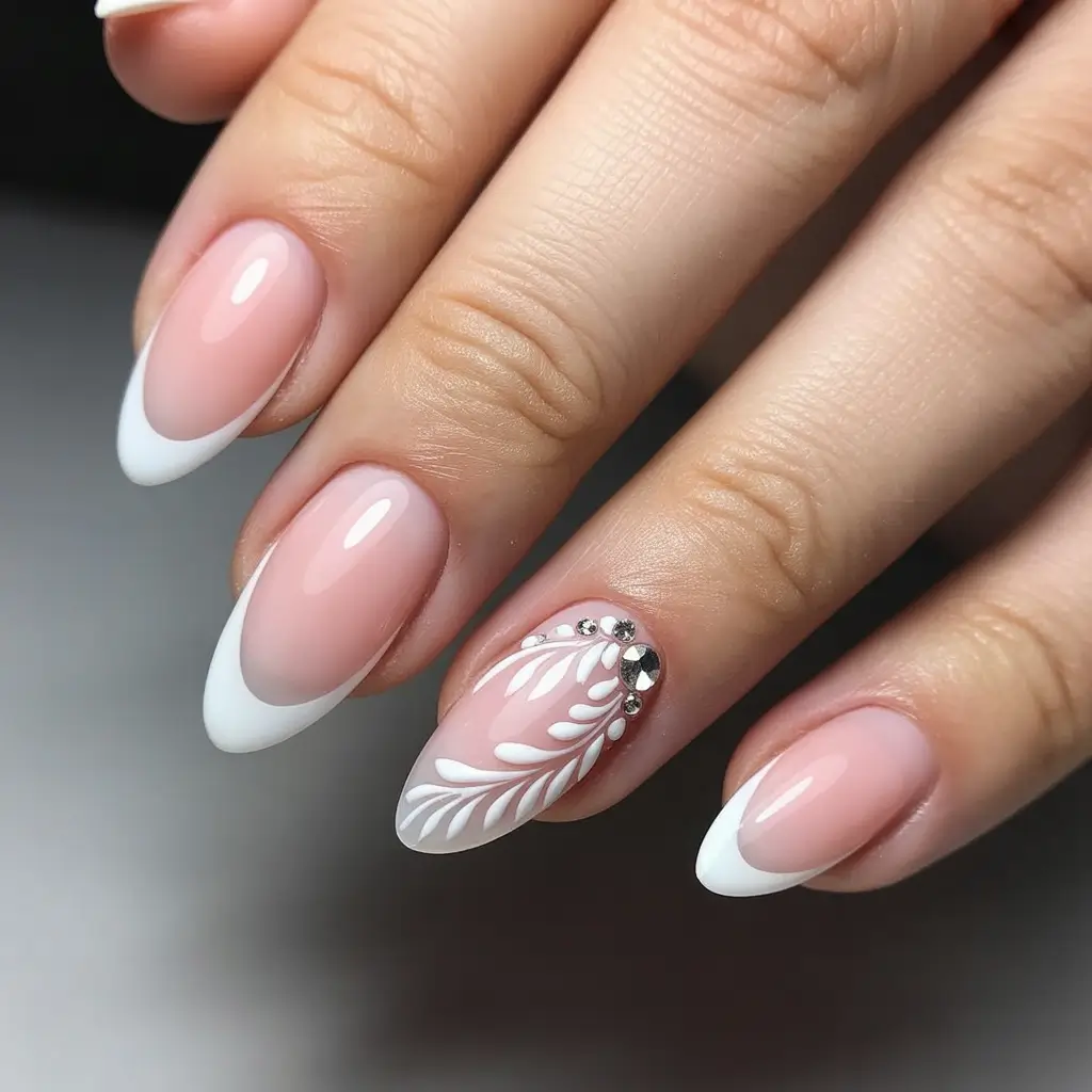 fall wedding nails 2025+Elegant French With Leaf Lace and Crystals