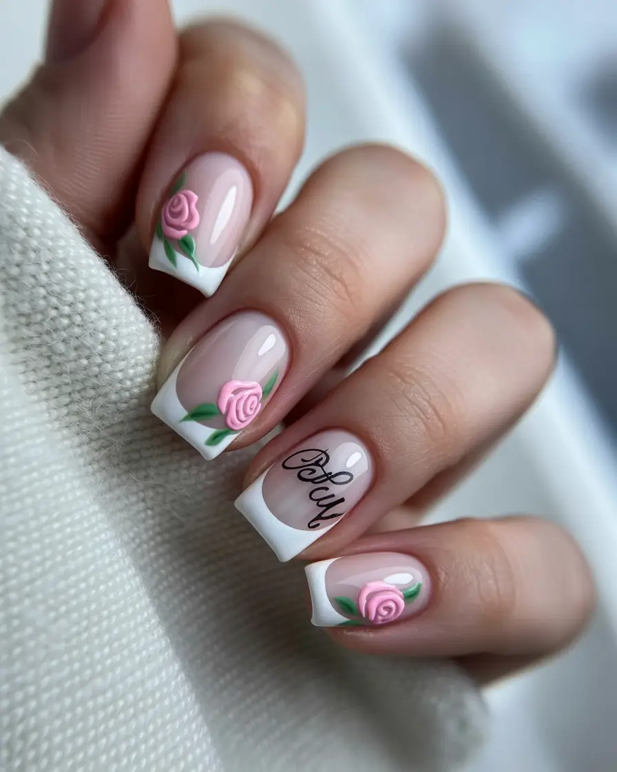 fall wedding nails 2025+Sweet Rosebuds and Playful Lettering