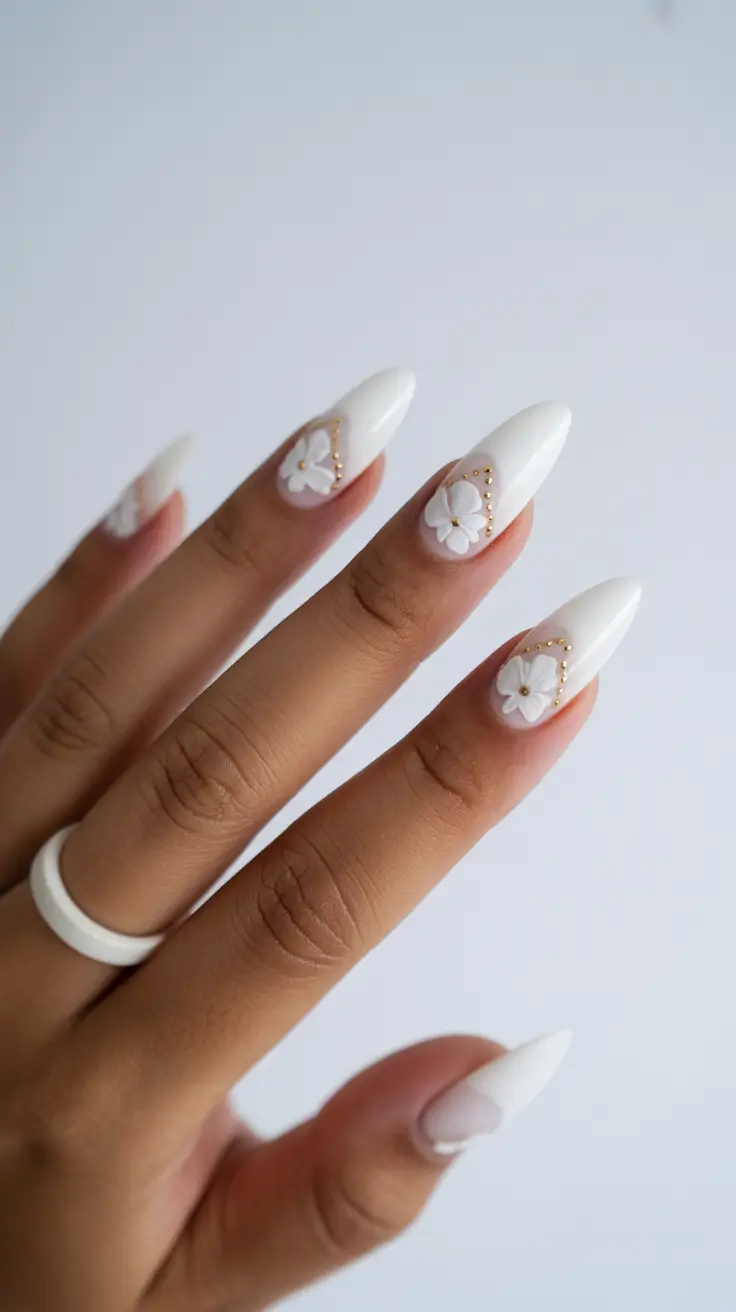 fall wedding nails 2025+White Floral Accents With Golden Trim