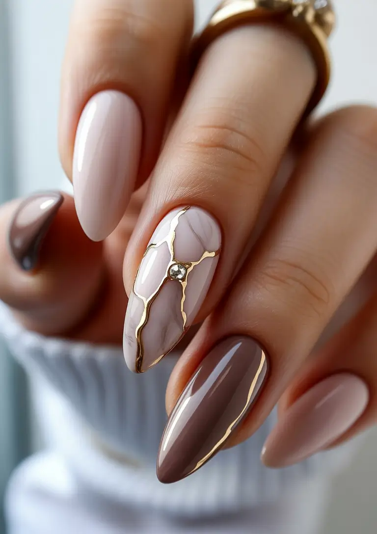 fall wedding nails 2025 Chocolate Marble with Gold Shatter Accent