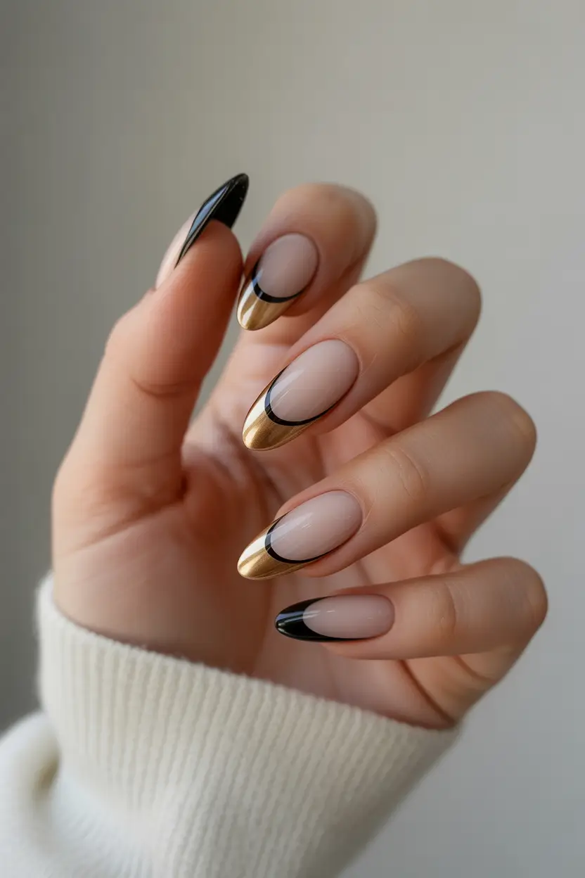 fall wedding nails 2025 Modern Gold + Black French Reverse
