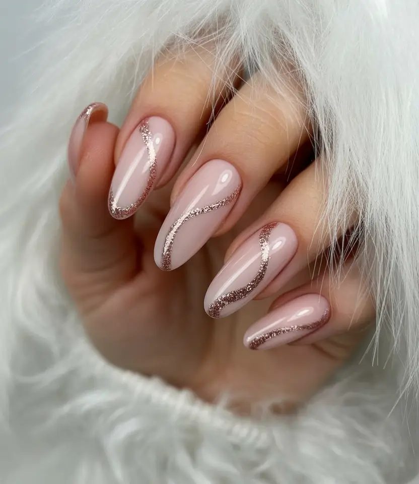 fall wedding nails 2025 Rose Gold Ribbon Swirls on Blush
